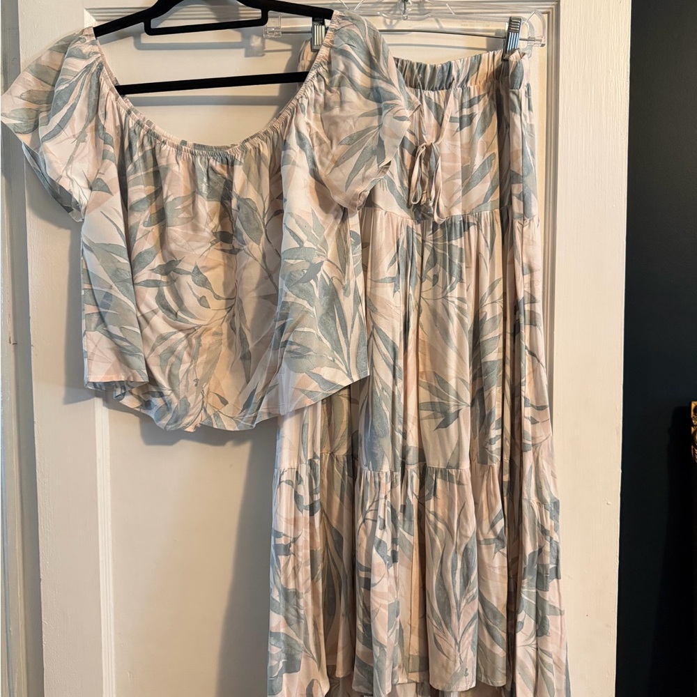 Z Supply Palm Print Matching Set | Boho Off Shoulder Top + Tiered Maxi Skirt